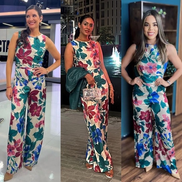 🌺 ZARA BOHO GREEN PINK MULTI SATIN WIDE LEG JUMPSUIT! - Picture 8 of 16